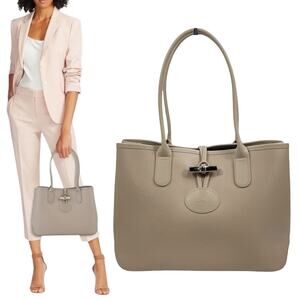 Longchamp Roseau Toggle Leather Tote Shoulder Bag Paper Beige